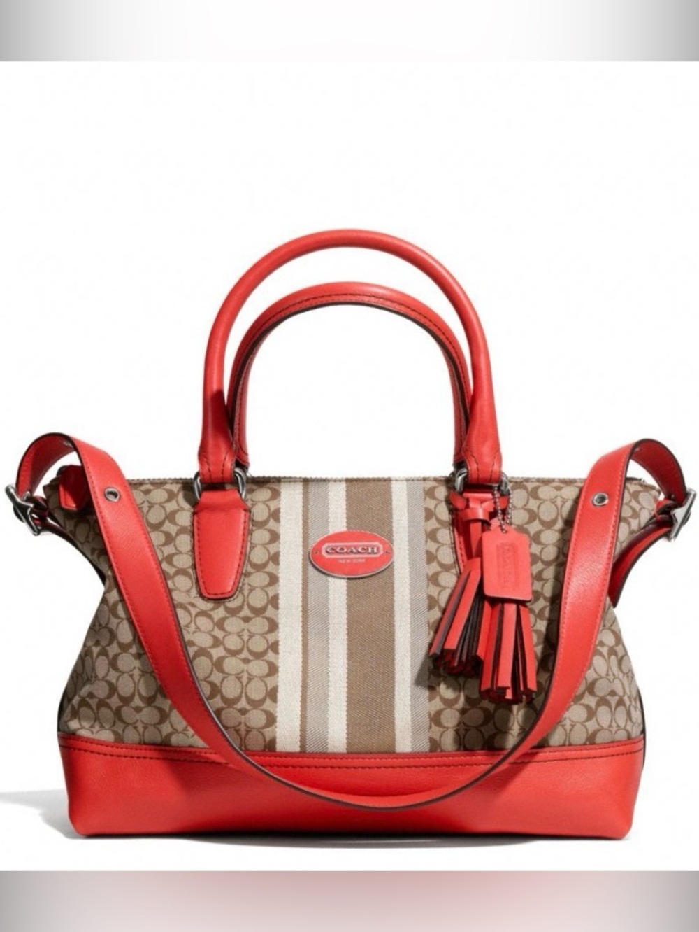 Coach Signature Stripe East West Satchel 29622 Khaki Carnelia red Orange purse